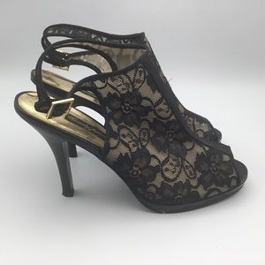 BEVERLY FELDMAN black lace heel peep toe bootie 8M 8
